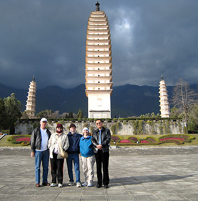 California Native's Lee & Ellen Klein standing in front of the Three Pagodas of Chongsheng Temple California Native's Lee & Ellen Klein standing in front of the Three Pagodas of Chongsheng Temple