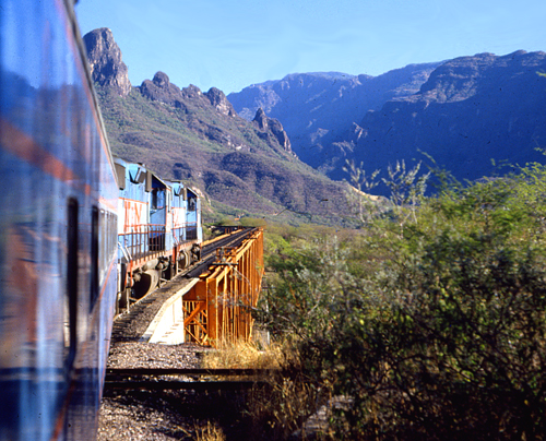 Riding the first class Chepe train through the Sierra Madres.