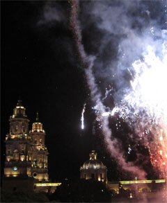 Fireworks over the cathedral in Morelia.